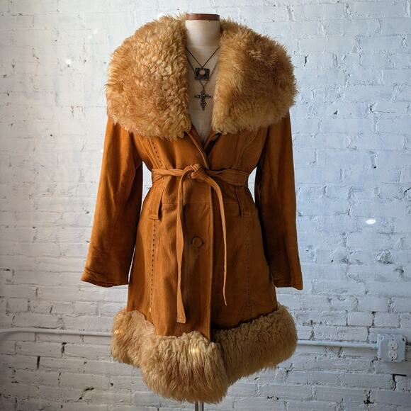 Vintage Jackets & Blazers - Vintage Orange Suede Penny Lane Jacket Leather Trench Coat Faux Fur Coat Large